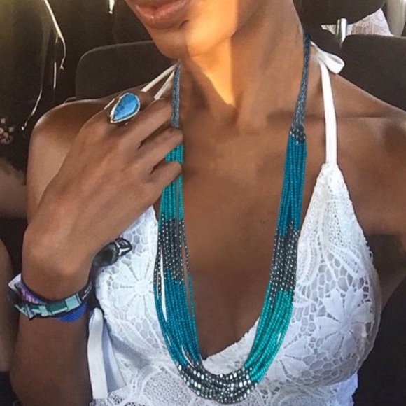 VINTAGE • Teal Beaded Boho Multi Strand Necklace - Picture 2 of 4